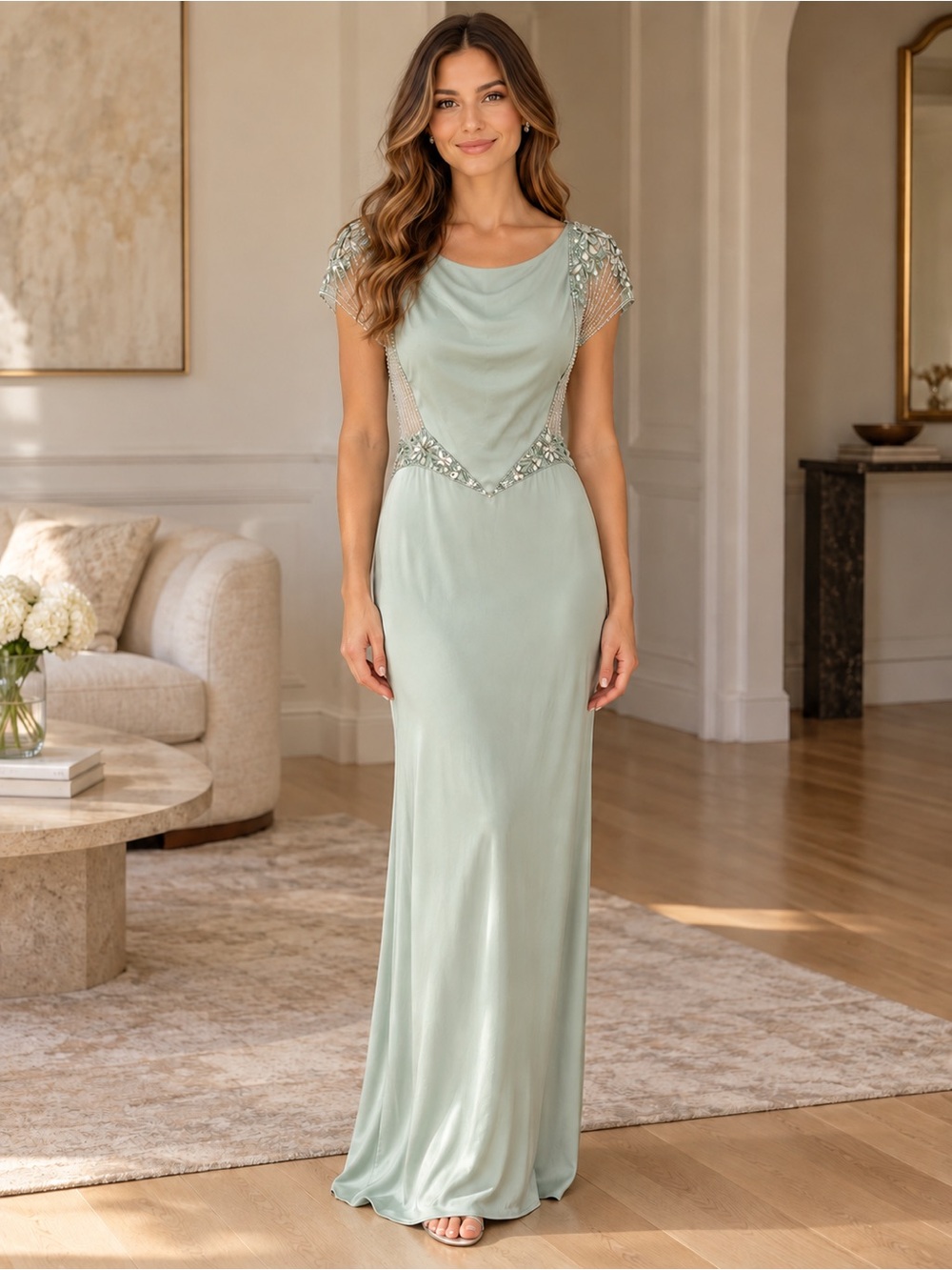 Mignon Sage Green Beaded Maxi Gown